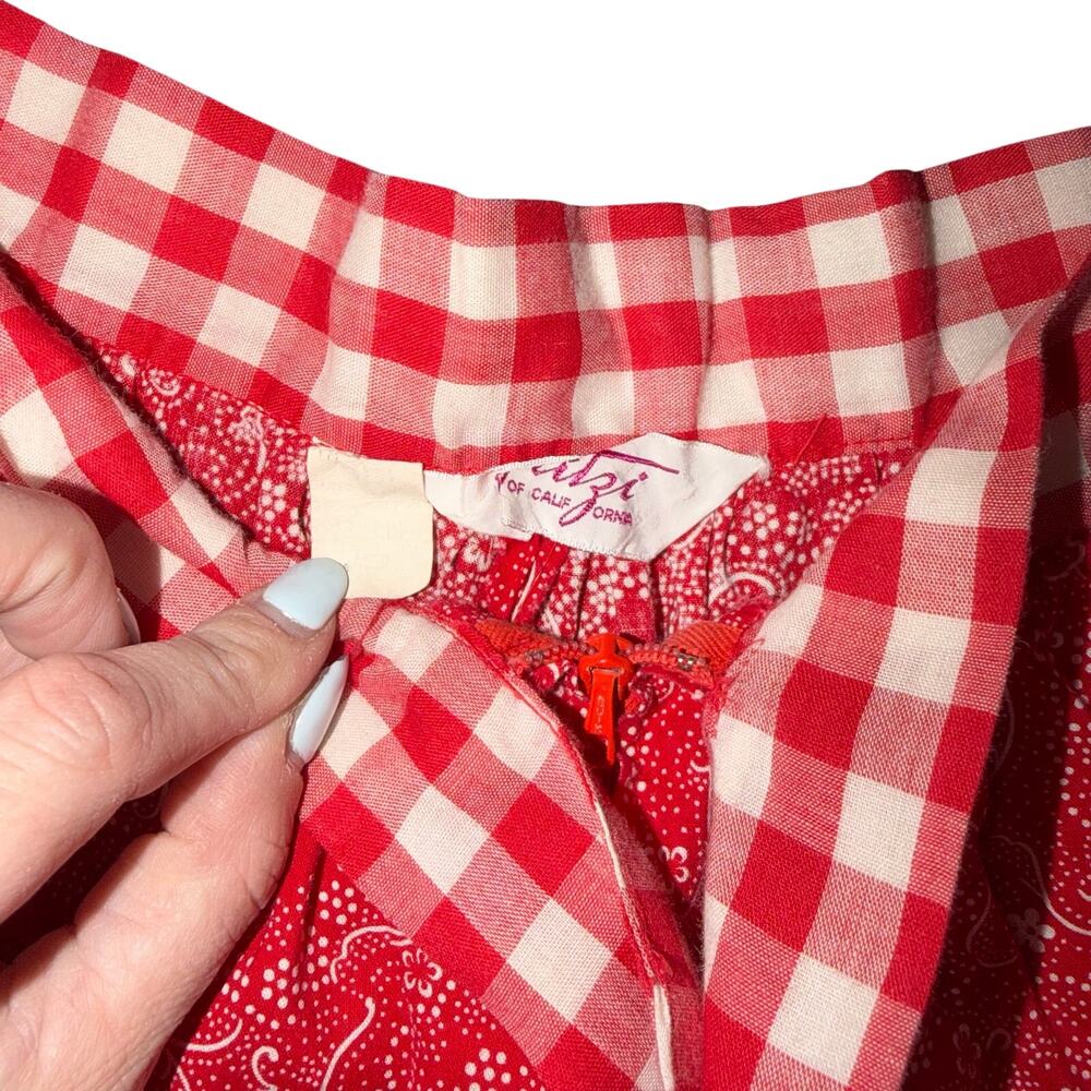 Red Patterned Ruffled Crop Pants with Gingham Trim - Picture 8 of 8